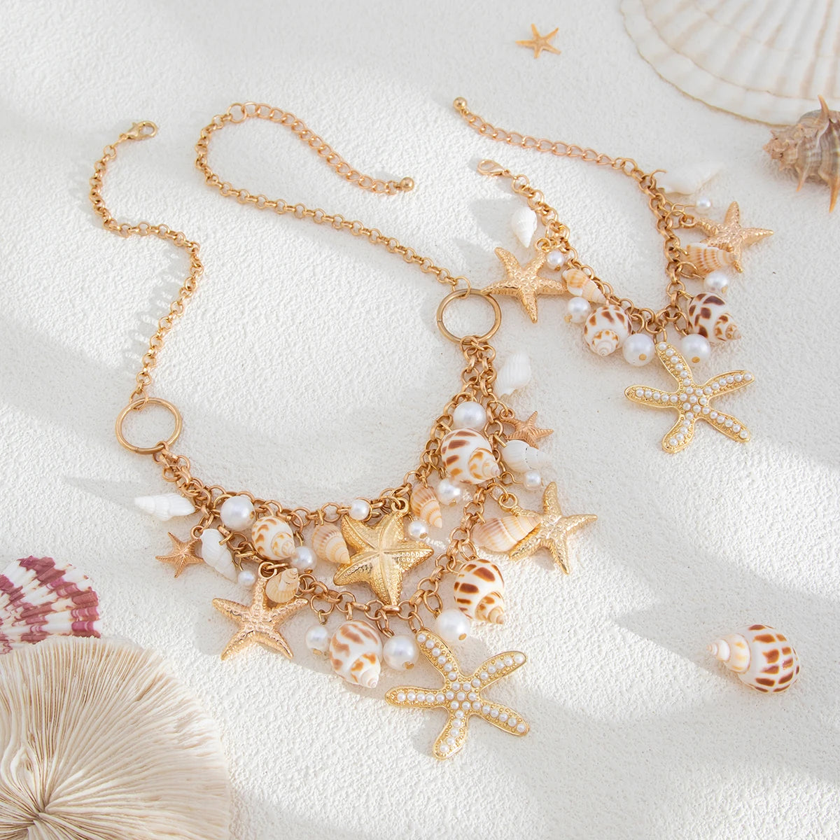 Boho Ocean Metal Starfish Conch Tassel Pendant Choker Necklace Chain Bracelets Summer Beach Vacation Jewelry Set Gift